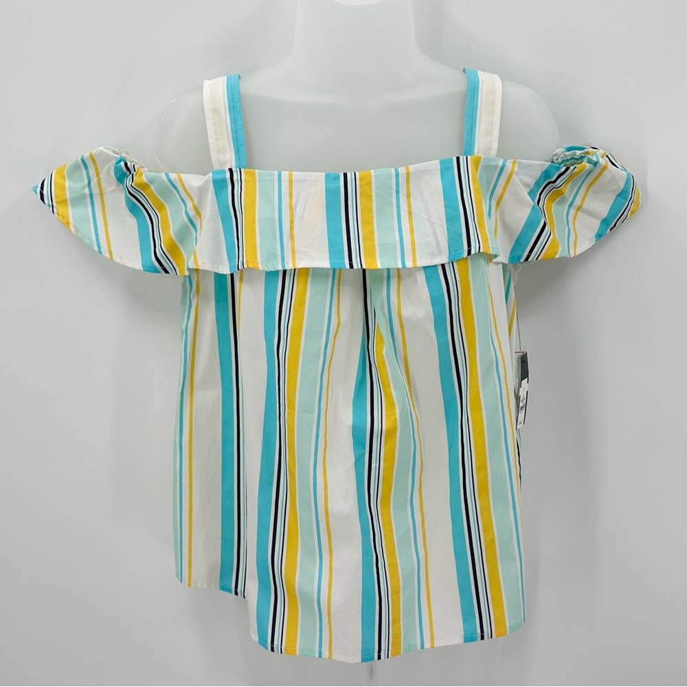 Crown & Ivy Top Womens S Blue Yellow Striped Off Shoulder Button Back Blouse NEW
